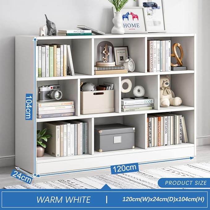 IOTXY Open Shelf Low Bookcase - Wooden 3-Tier Floor Standing Display Cabinet Organizer with Base, 10 Cubes Short Horizontal Bookshelf in Warm White