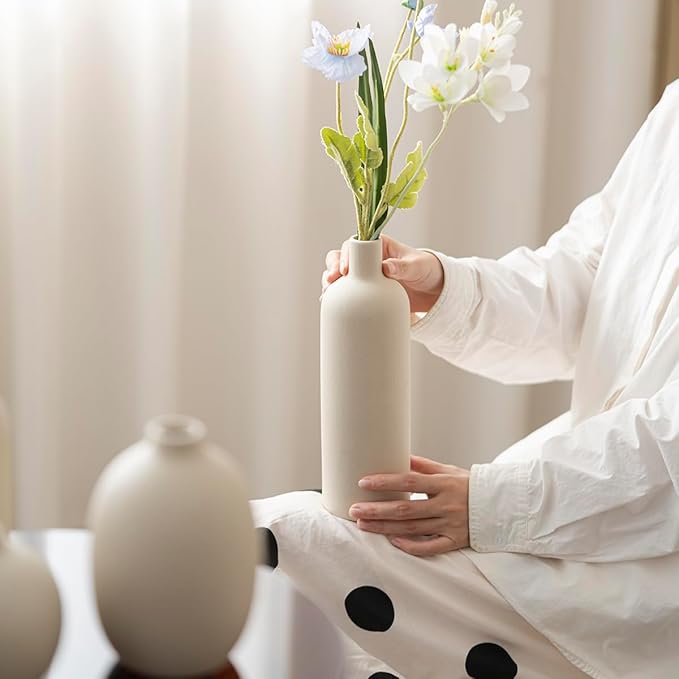 Modern Ceramic Vase Set, Neutral Colors, Decorative Vases for Home Decor, 4 Piece Collection (Beige)