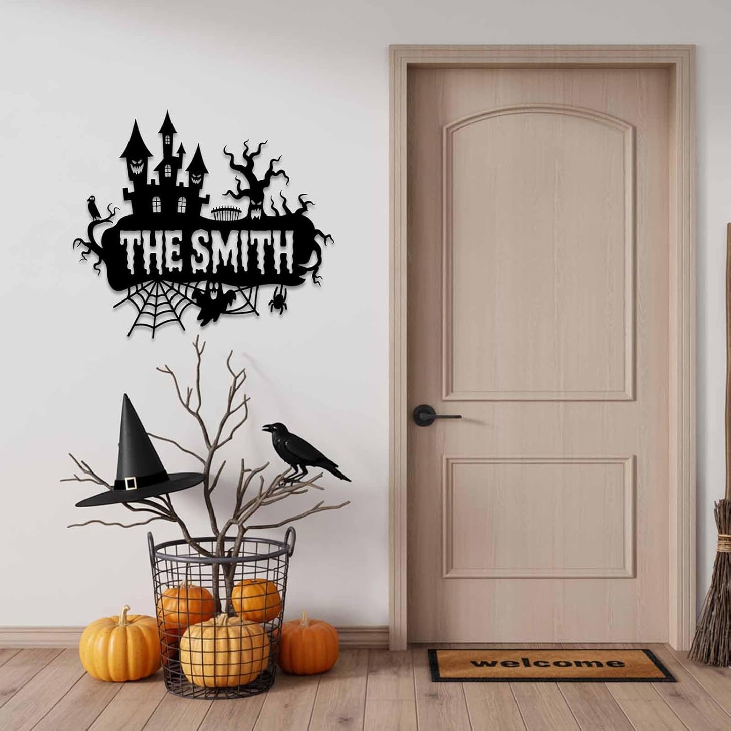 Personalized Haunted House Sign, Custom Family Name Metal Signs, Halloween Metal Wall Art with Witch Bats Pumpkins Skull Ghost Spider, Scary Halloween Decorations, Gothic Home Decor for Home