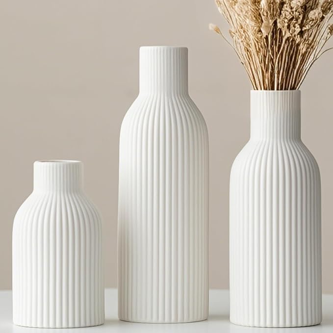 Modern Ceramic Vases Set of 3, White Ribbed Decorative Vases, Shelf Table Centerpiece for Home Decor (White)