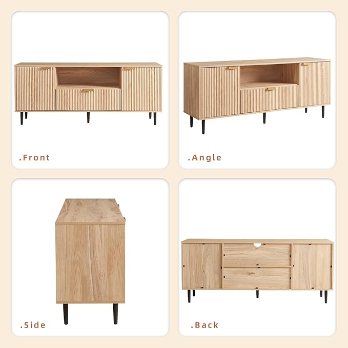 Okvnbjk Modern TV Stand for 65 Inch TV, TV Consoles for Living Room, Media Console with Soft Hinge & Drawer, Wood Fluted Entertainment Center with Storage, Oak