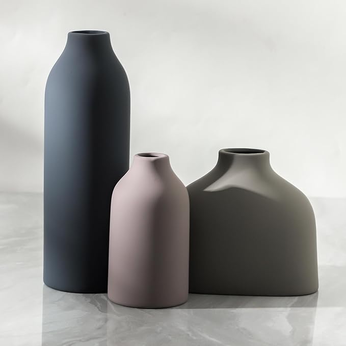 Ceramic Vase Set of 3,Flower Vase Home Decor,Modern Farmhouse Decor, Pampas Grass Dried Fresh Flowers,Bedroom,Living Room,Bookshelf Decoration, Centerpiece Table Boho Decor.