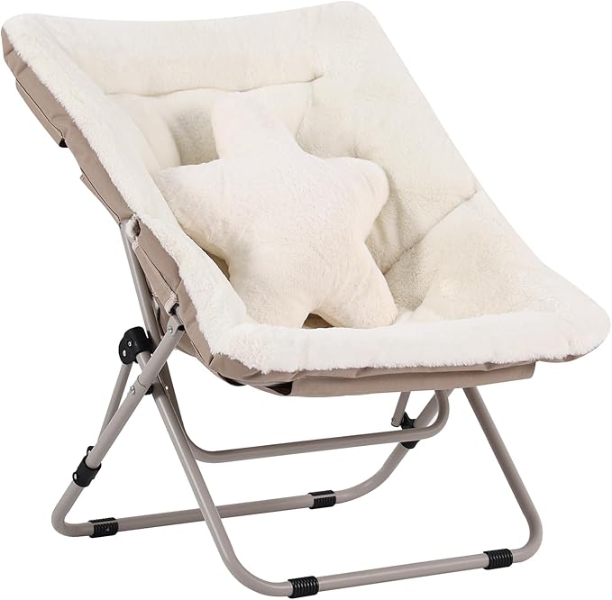 Welnow Comfy Saucer Chair, Oversized Folding Reading Chair for Adults with Throw Pillow Soft Faux Fur Lounge Chair for Bedroom Furry Accent Chair for Living Room, Dorm Rooms, Beige