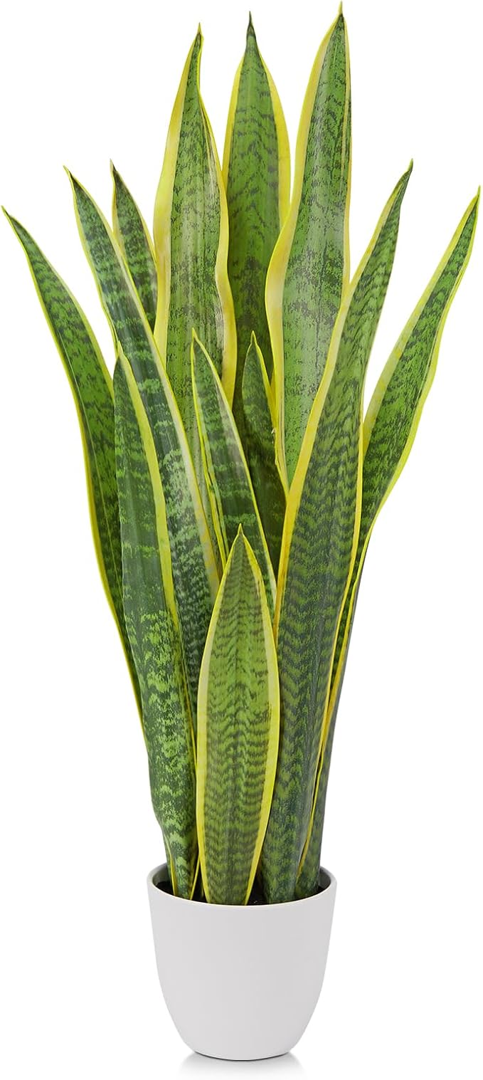 Hollyone Artificial Snake Plant Potted, 28 Inch Faux Sansevieria Trifasciata Plants Large Tall Tropical Fake Snake Plants Tree in White Pots for Home Office Room Patio Garden Indoor Outdoor Decor