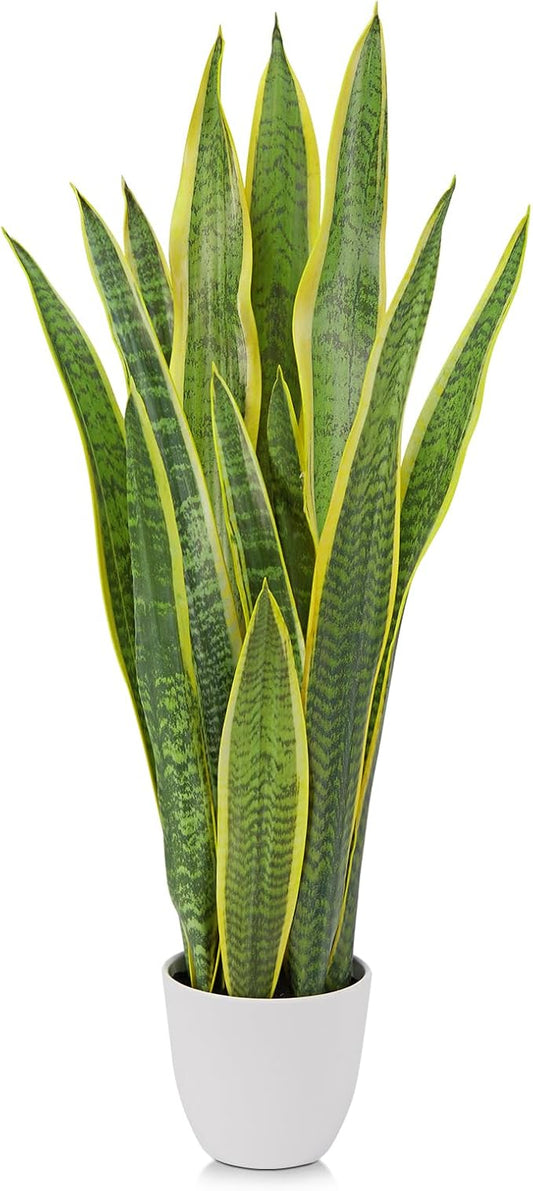 Hollyone Artificial Snake Plant Potted, 28 Inch Faux Sansevieria Trifasciata Plants Large Tall Tropical Fake Snake Plants Tree in White Pots for Home Office Room Patio Garden Indoor Outdoor Decor