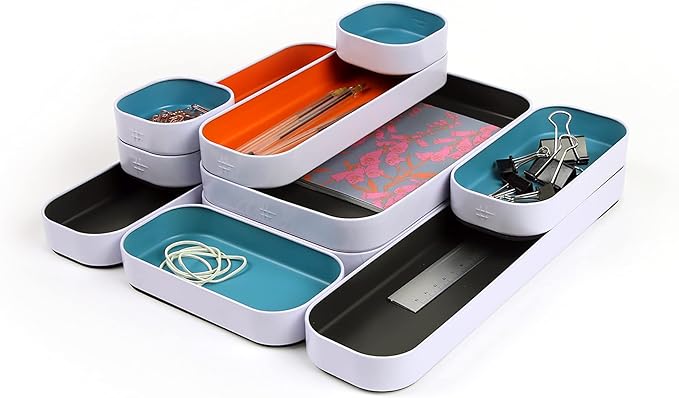 Three by Three Seattle 10 Piece Metal Organizer Tray Set for Storing Makeup, Stationery, Utensils, and More in Office Desk, Kitchen and Bathroom Drawers (1 Inch, Gray, Sky Blue, Orange)