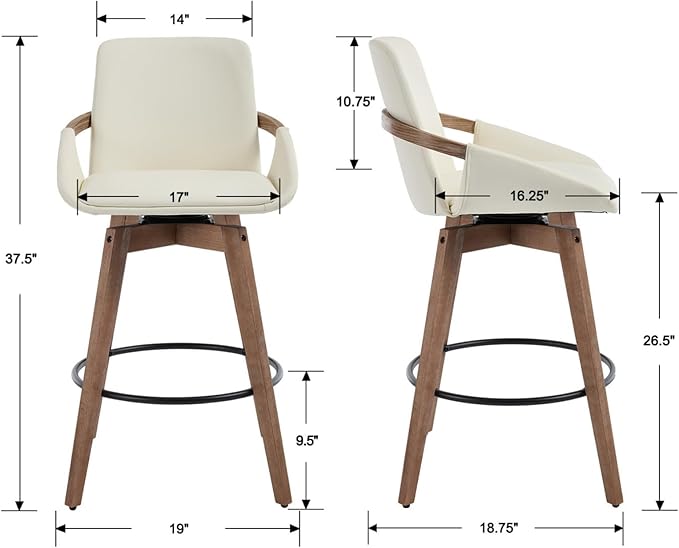 EALSON Swivel Counter Height Bar Stools Set of 4 Mid Century Modern Natural Wood Barstools with Back and Arms Comfortable Leather Upholstered Counter Stools Bar Chairs for Kitchen Island, Beige