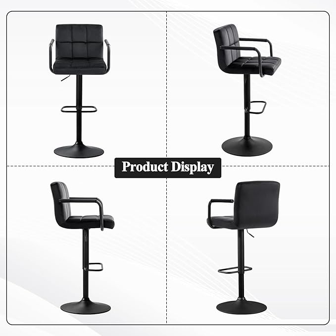 Furniliving Swivel Bar Stools Set of 4, Adjustable Kitchen Counter Height BarStools with Arms, Velvet Upholstered Bar Chair with Back and Footrest for Dining Room, Kitchen, Pub, Bar (Black)