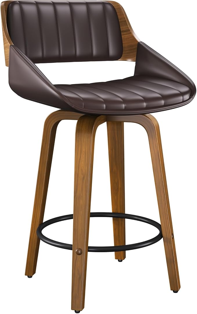Bar Stools Set of 1, 26" Swivel Counter Height Barstools with Walnut Bentwood Back and Legs, Mid-Century Modern Faux Leather Upholstered Bar Chairs with footrest for Bar, Kitchen Island, café, Brown