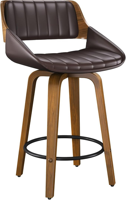 Bar Stools Set of 1, 26" Swivel Counter Height Barstools with Walnut Bentwood Back and Legs, Mid-Century Modern Faux Leather Upholstered Bar Chairs with footrest for Bar, Kitchen Island, café, Brown