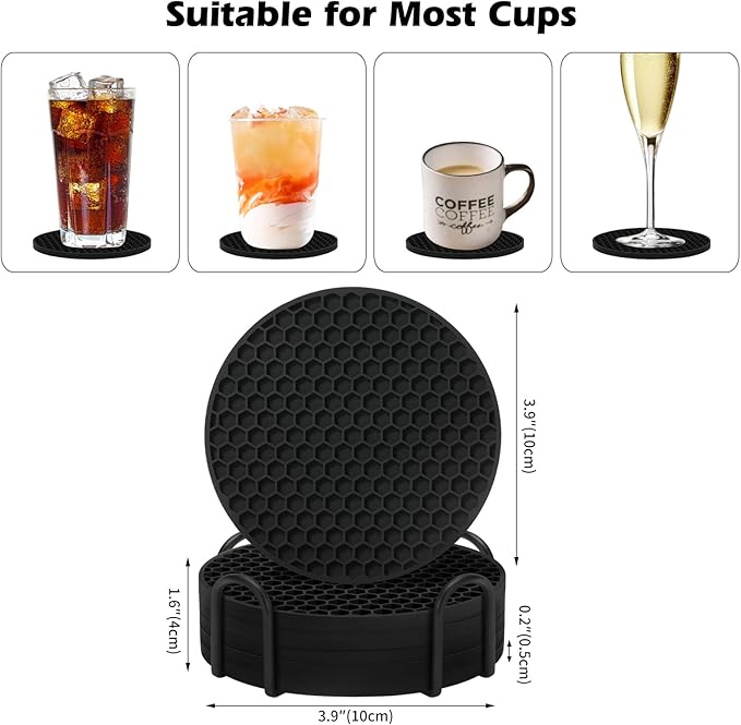 Coasters Set of 6 with Holder,Coasters for Drinks,Coffee Table Decor Coaster,Suitable for Kinds Cups,Anti-Slip,Non-Stick,Silicone Cup Coaster and Living Room Decor (6 Pcs, Black)