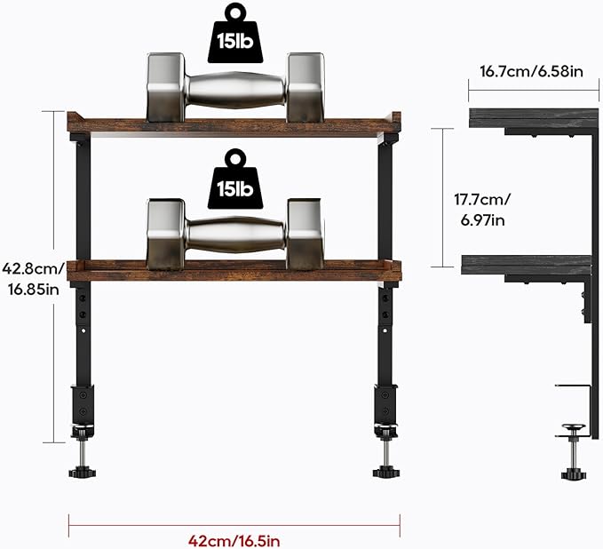 Clamp On Desk Shelf 2-Tier, 16.5 in Wood Shelving Unit for Office Desk/Gaming Accessories, Tabletop Book Storage Rack, Shelf for Top of Desk, Brown