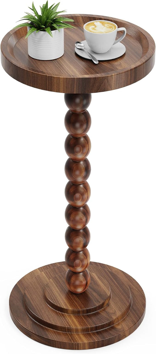 Round Wooden Side Table & Drink Table | Sturdy & Functional Mid-Century Design with Solid Wood Pillar for Living Room, Bedroom, Office & More