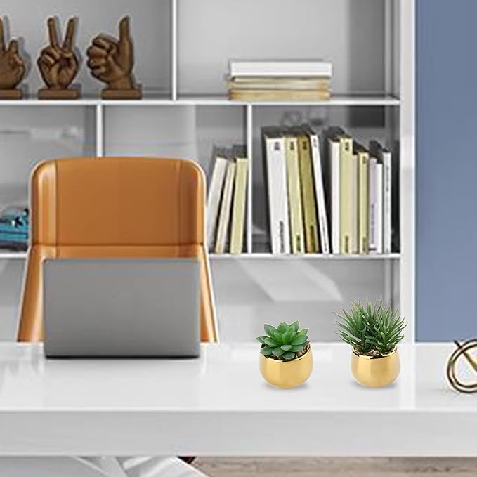 Briful Small Artificial Succulents in Pots Set of 3 Realistic Faux Succulents Plants with Gold Ceramic Pots Cute Mini Fake Plants Decor for Modern Home Table Office Desk Bathroom Shelf Decoration