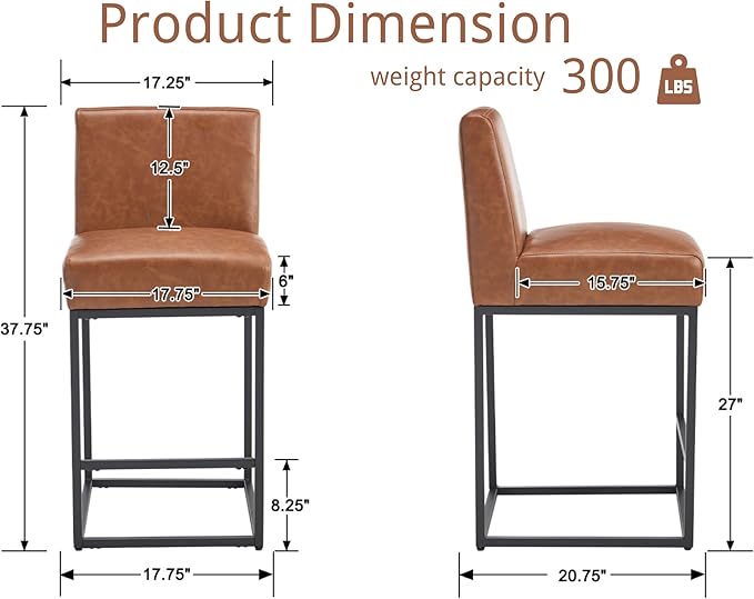 VESCASA Faux Leather 27 inches Counter Height Bar Stools with Padded Back, Modern Upholstered Counter Stool Chairs with Black Metal Frame for Kitchen Island, Set of 2, Brown