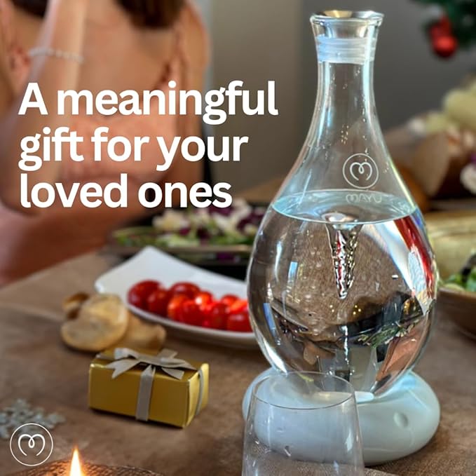 MAYU Swirl Structured Water Carafe - Innovative Vortex Technology Handblown Pitcher. Post Reverse Osmosis Filter Aerating Water Dispenser Stand 1.5 Liter| 51Oz Dining Glass Jug Design (Graystone Base)