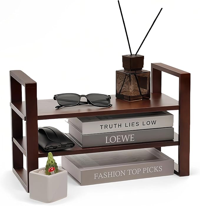 Desk Organizer - Adjustable & No Assembly Needed, Solid Pine Wood, Desktop Shelf Holds up to 130lbs for Office, Books, Bathroom Storage & Organization-Walnut Colour