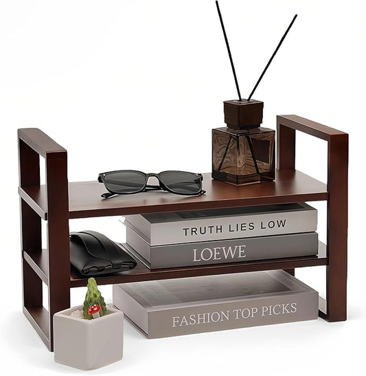 Desk Organizer - Adjustable & No Assembly Needed, Solid Pine Wood, Desktop Shelf Holds up to 130lbs for Office, Books, Bathroom Storage & Organization-Walnut Colour