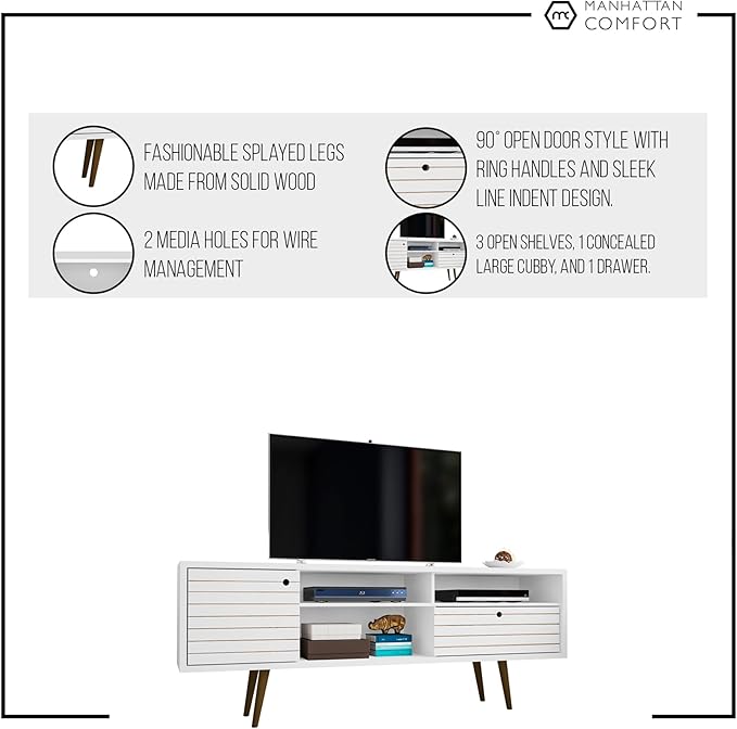 Manhattan Comfort Liberty Mid Century Modern TV Stand for Televisions up to 65 Inches, Bedroom and Living Room Entertainment Center with Storage, Shelves, and Cabinet, 71" Wide, Rustic Brown/Aqua