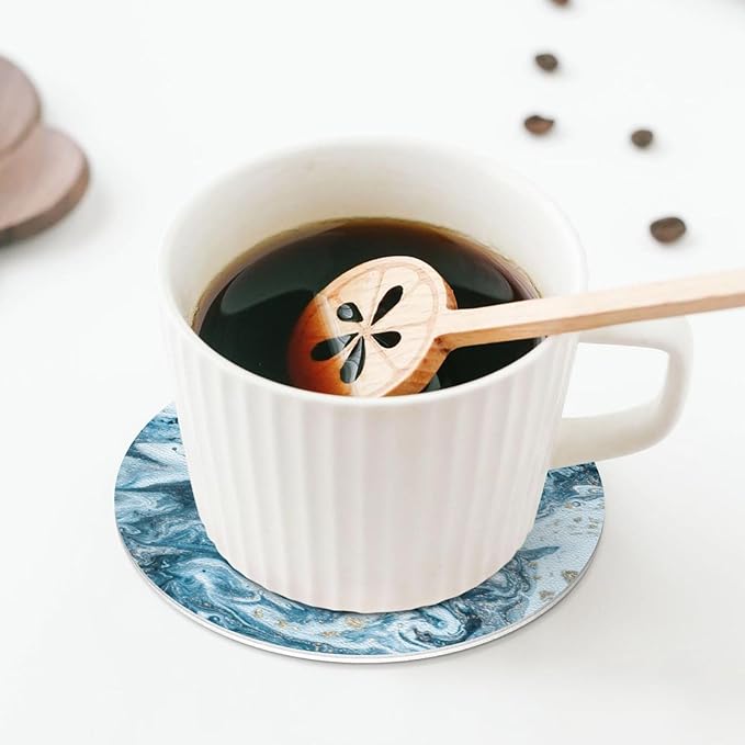 Ocean Gold Sky Blue Marble Coasters Set of 6 Coasters for Drinks Absorbent Double-Sided Leather PVC Coaster for Tabletop Protection Coffee Table Decor Ideal for Home Decor House Warming Gifts