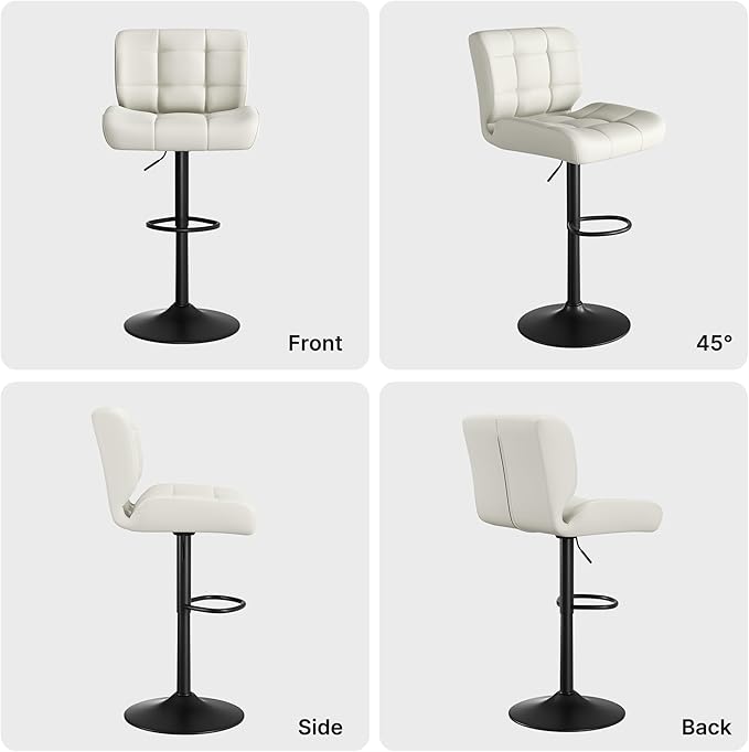 Modern Bar Stools Set of 3, Faux Leather Upholstered Swivel Bar Stools, Adjustable Counter Height Bar Chairs with High Back and Footrest for Kitchen Island (Beige)