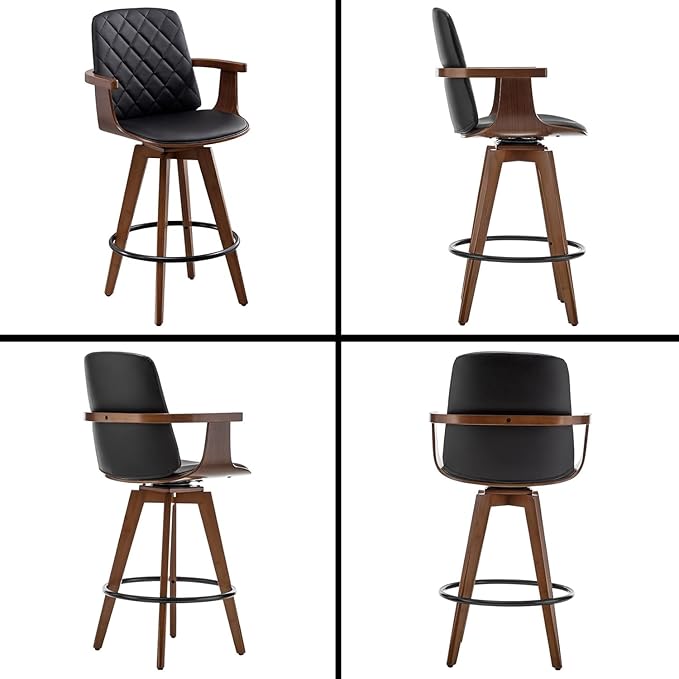 Bar Stools Set of 2, Upholstered Faux Leather Bar Height Bar Stools, Swivel Barstools with Wooden Arms and Legs (Black, 30" Seat Height)