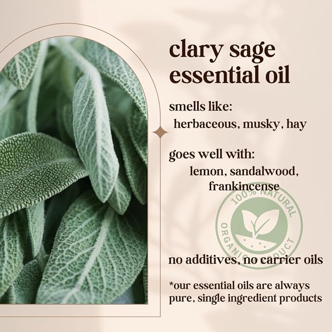 Clary Sage Essential Oil - 100% Pure & Natural, Organic, Undiluted for Aromatherapy, Muscles, Skin, Diffuser (0.33oz - 10ml)