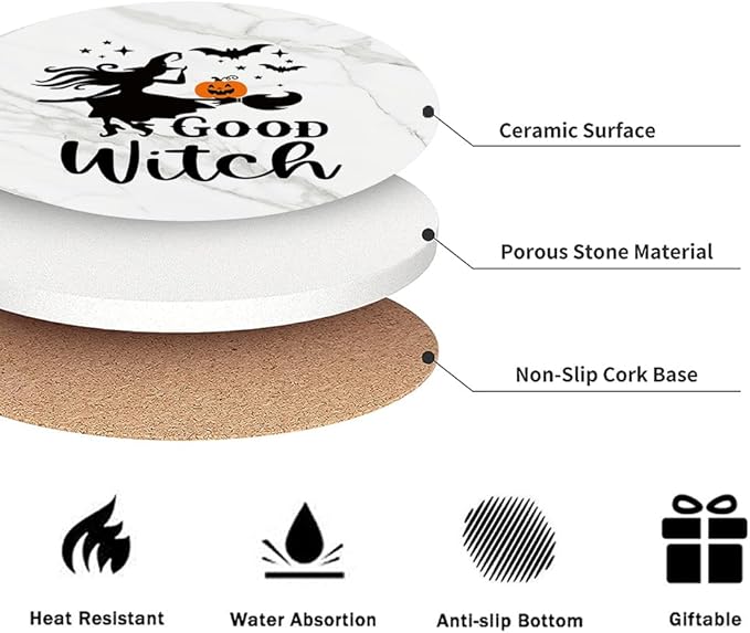 Halloween Drink Absorbent Coasters with Holder Set of 6, Ceramic Stone with Cork Base, White Marble Design with Pumpkin Pattern Coaster for Drinks, Gift for Housewarming Room Bar Home Decor Kitchen