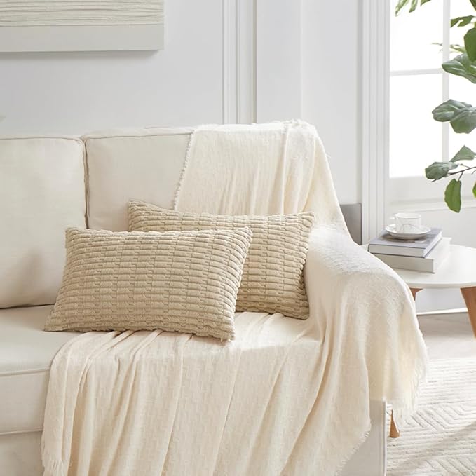 Fancy Homi 4 Packs Tan Decorative Throw Pillow Covers 16x24 Inch for Living Room Couch Bed Sofa, Beige Rustic Farmhouse Boho Home Decor, Soft Plush Striped Corduroy Square Cushion Case 40x60 cm