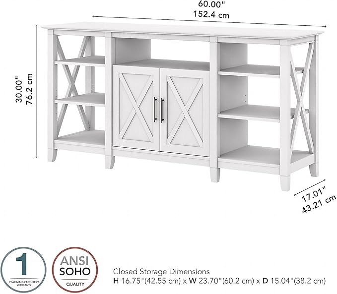 Bush Furniture Key West Tall TV Stand for 65 Inch TV in Pure White Oak, Farmhouse Entertainment Center with Storage