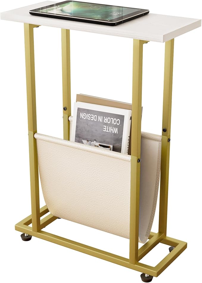 Narrow Side Table with PU Leather Magazine Holder Modern Slim Little Thin Table for Living Room, Bedroom, Sofa, White