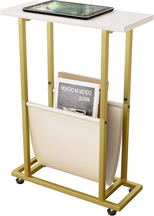 Narrow Side Table with PU Leather Magazine Holder Modern Slim Little Thin Table for Living Room, Bedroom, Sofa, White