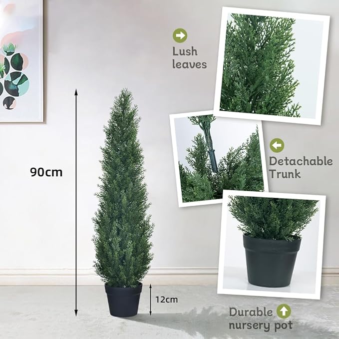 2 Packs 3ft Artificial Cedar Topiary Trees - Fake Boxwood Topiary Cypress Trees Potted Plants, Artificial Plants Shrubs for Home Indoor Outdoor Garden Porch Decor