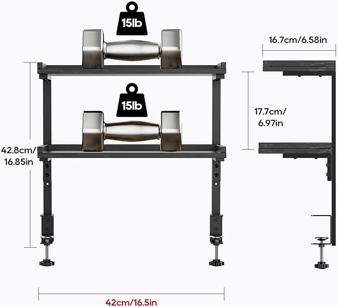 Clamp On Desk Shelf 2-Tier, 16.5 in Wood Shelving Unit for Office Desk/Gaming Accessories, Tabletop Book Storage Rack, Shelf for Top of Desk, Black