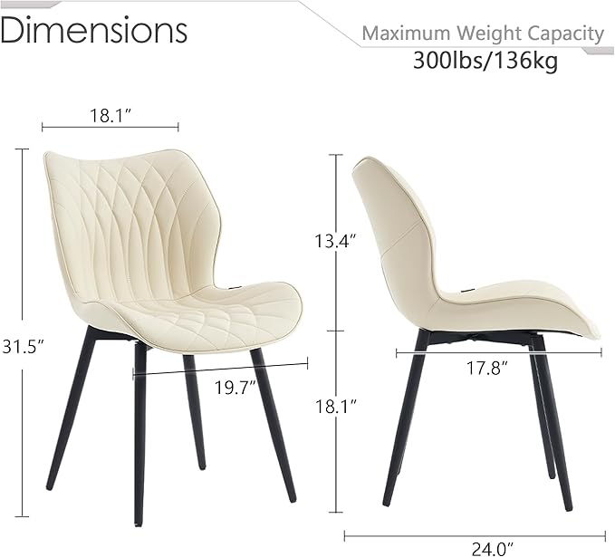 Kidol & Shellder Modern Dining Chairs Set of 2 Comfy Dining Room Chairs with Thick Cushions PU Leather Upholstered Kitchen Side Chairs with Metal Legs Beige