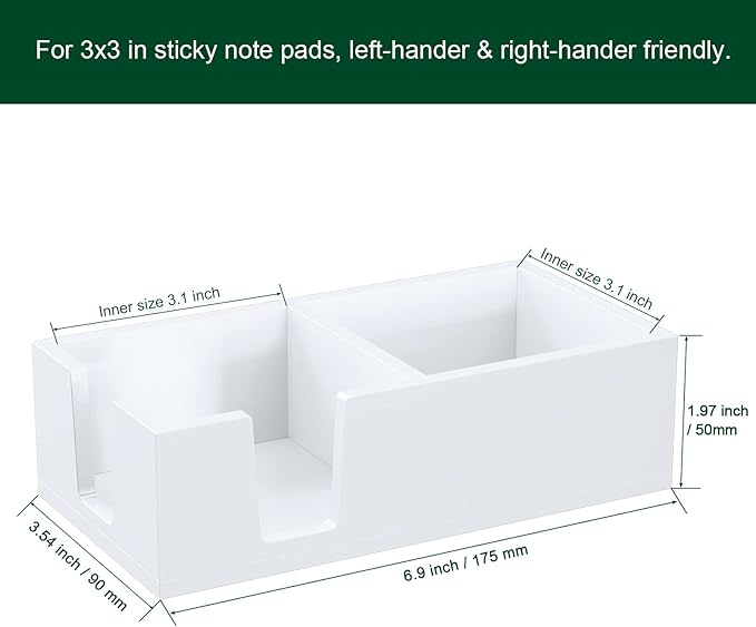 Acrylic Sticky Note Holder, Self-Stick Note Pad Holder W/O Pads - Note Dispenser Memo Pad Holder Desk Organizer for School Office Home (3''x3'' 2IN1 White)
