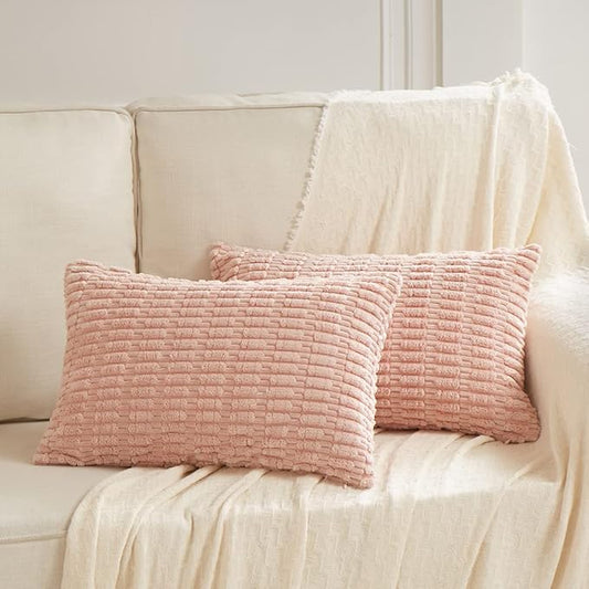 Fancy Homi Pack of 2 Blush Pink Lumbar Decorative Throw Pillow Covers 12x20 Inch for Living Room Couch Bedroom, Soft Corduroy Rectangle Solid Cushion Case 30x50 cm, Rustic Farmhouse Boho Home Decor