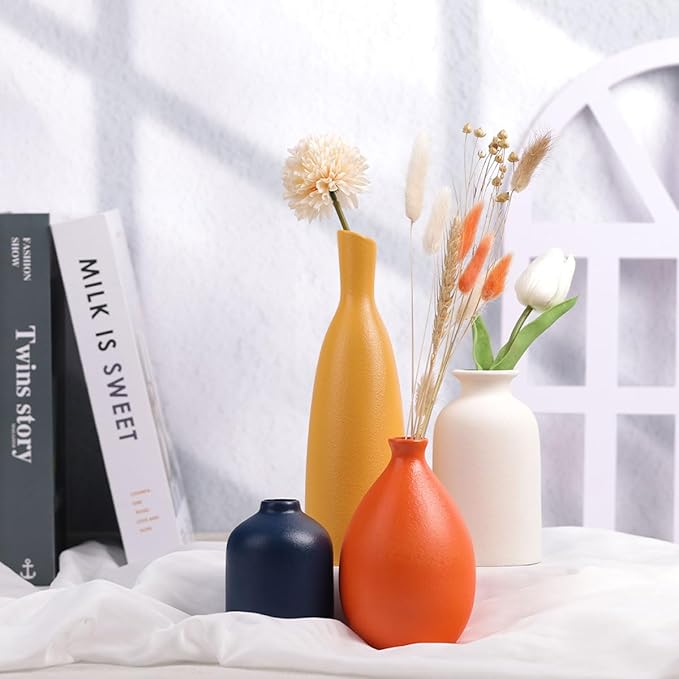 Colorful Ceramic Bud Vases Set of 4 - Modern Yellow, Orange, Blue Small Vases for Home Decor - Ideal for Living Room, Kitchen, Office, Bathroom, Mantle, Entrance, Farmhouse & Coffee Table Decorations