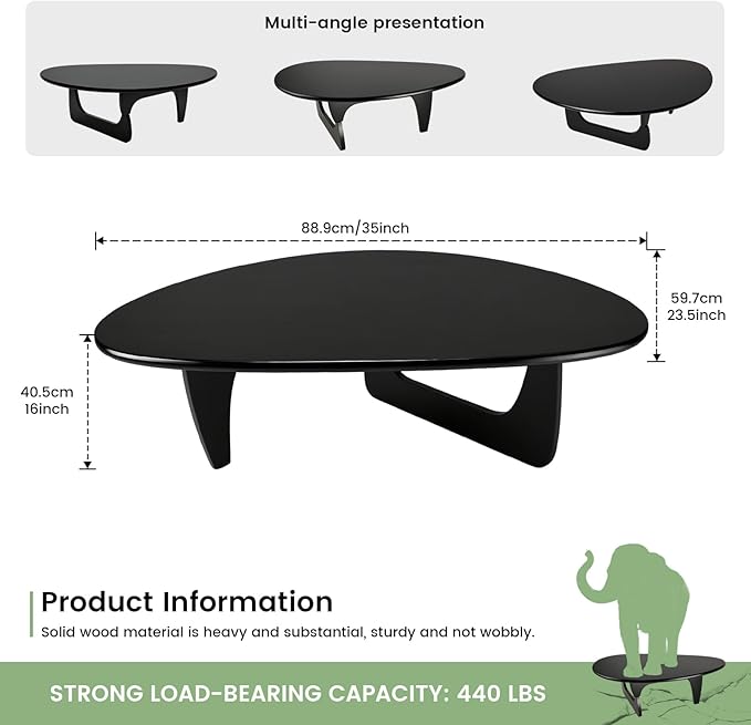 Solid Wooden Modern Triangle Coffee Table: Unique Funky Coffee Tables for Living Room, Oval Mid-Century Irregular Abstract Tea Tables for Patio Office Balcony Bedroom (Black, 35" L x 24" W x 16" H)