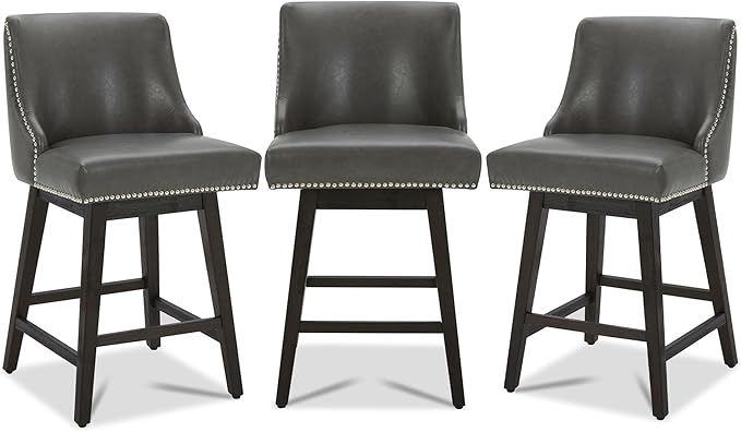 CHITA Counter Height Swivel Bar Stools Set of 3, FSC Certified Upholstered Counter Stools, Modern Swivel Barstools with Wood Legs for Kitchen Island, 26" Seat Height, Faux Leather in Retro Grey