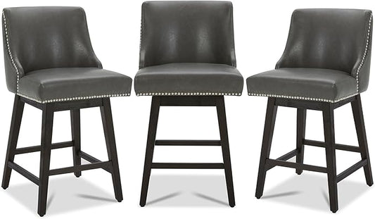 CHITA Counter Height Swivel Bar Stools Set of 3, FSC Certified Upholstered Counter Stools, Modern Swivel Barstools with Wood Legs for Kitchen Island, 26" Seat Height, Faux Leather in Retro Grey