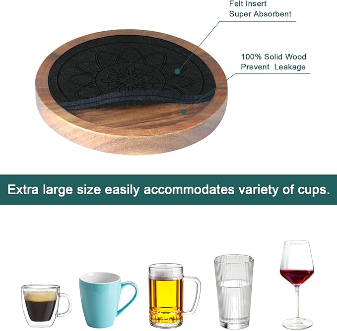 Wood Coasters for Drinks, Minacun Absorbent Coaster Sets of 5, Drinks Coasters for Coffee Tabletop Protection, Non-Slip, Non-Stick, Suitable for Kinds of Cups Wooden Table Drink, 4.3 Inches Black