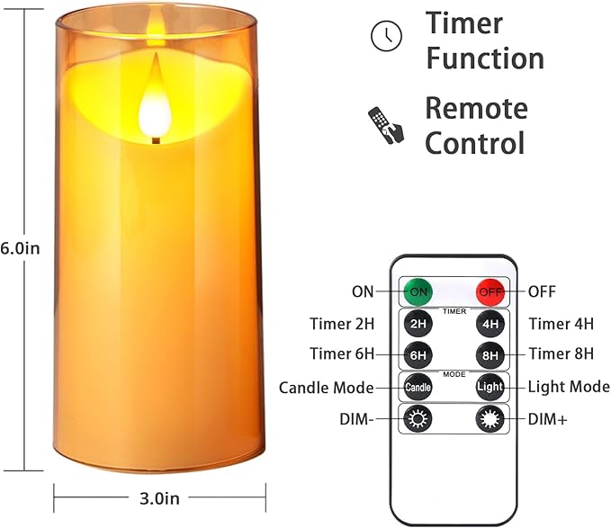 NURADA Flameless Candles with Remote Timer: 3D Wick Battery Operated Led Pillar Acrylic Fake Candle Set for Home Decoration Romantic Ambiance - Gold 2 Pack