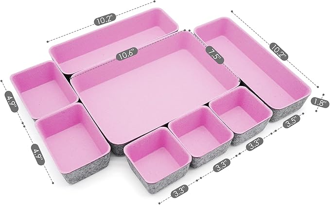 Welaxy desk drawer organizers tray felt storage bin caddy for home office suppliers makeup crafts pens decluttering 8-piece holiday gift solution (Light pink)