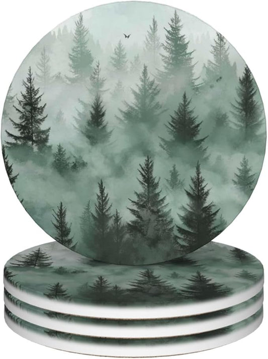 Green Tree Coasters for Drinks Spring Summer Winter Absorbent Ceramic Coaster Set of 4 for Coffee Table Cup Bar Desk Round Coasters Mat with Cork Base Seasonal Home Decors