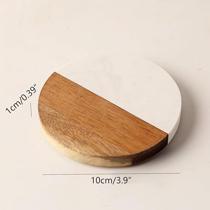 I-LAN Set of 4 Round Natural Wood and Marbel Style Drink Coasters for Coffee Wooden Table, Drink Bar Coaster Set/Tea Table Coasters for Living Room,Beer Cans,Bar Glasses,4 x 4 Inch