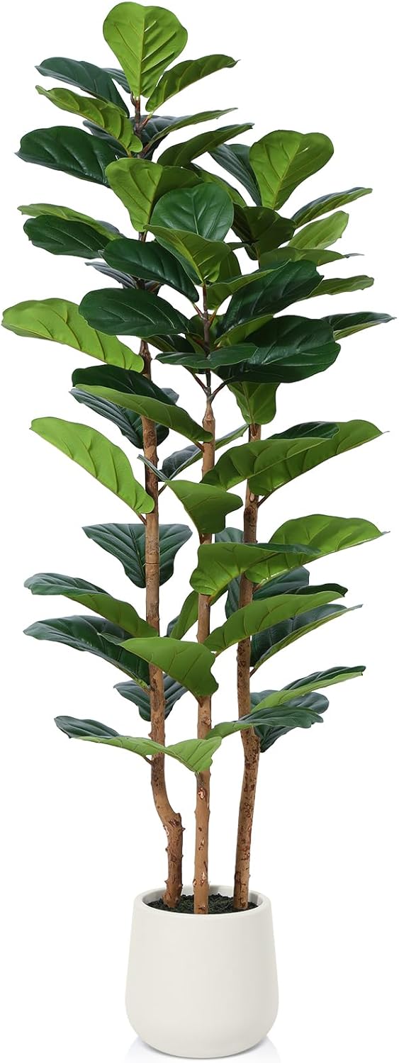 Artificial Fiddle Leaf Fig Tree with White Planter,5ft Tall Fake Tree with Natural Wood Trunk for Home Decor, Faux Ficus Tree Fake Moss for Indoor Office Living Room