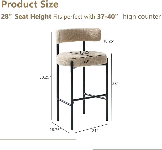 28'' Boucle Bar Stools Set of 4, Beige Bar Stools with Backs, Counter Height Bar Height Stools for Kitchen Island, Upholstered Bar Chairs