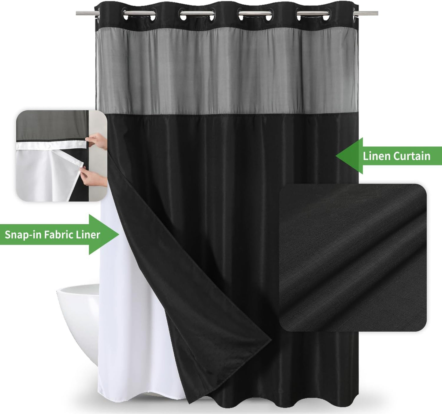 Long No Hooks Needed Linen Textured Shower Curtain with Snap-in Fabric Liner Set,Black Hotel Luxury Decor Shower Curtains for Bathroom,Waterproof & Washable,71Wx80H