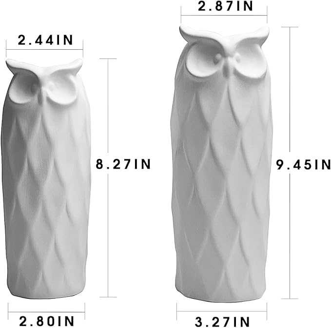 Owl Ceramic Vase Set of 2 for Living Room Bedroom 9.45'' and 8.27'' Modern White Fake Flower Plant Vases for Home Decor Office Table Shelf Fireplace Retro Rustic Farmhouse Vintage Classic Gift